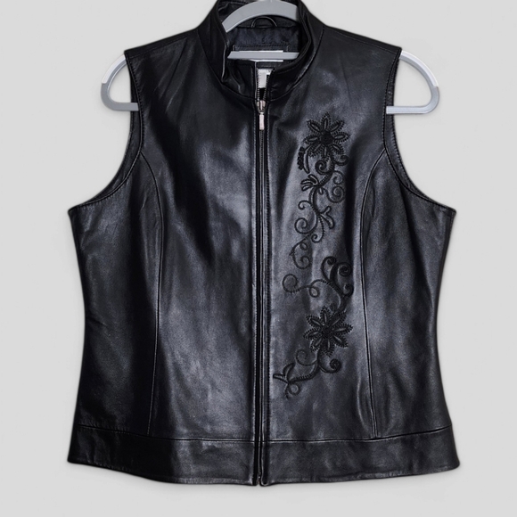 Coldwater Creek Women's Black Leather Embroidered Vest - Picture 1 of 6
